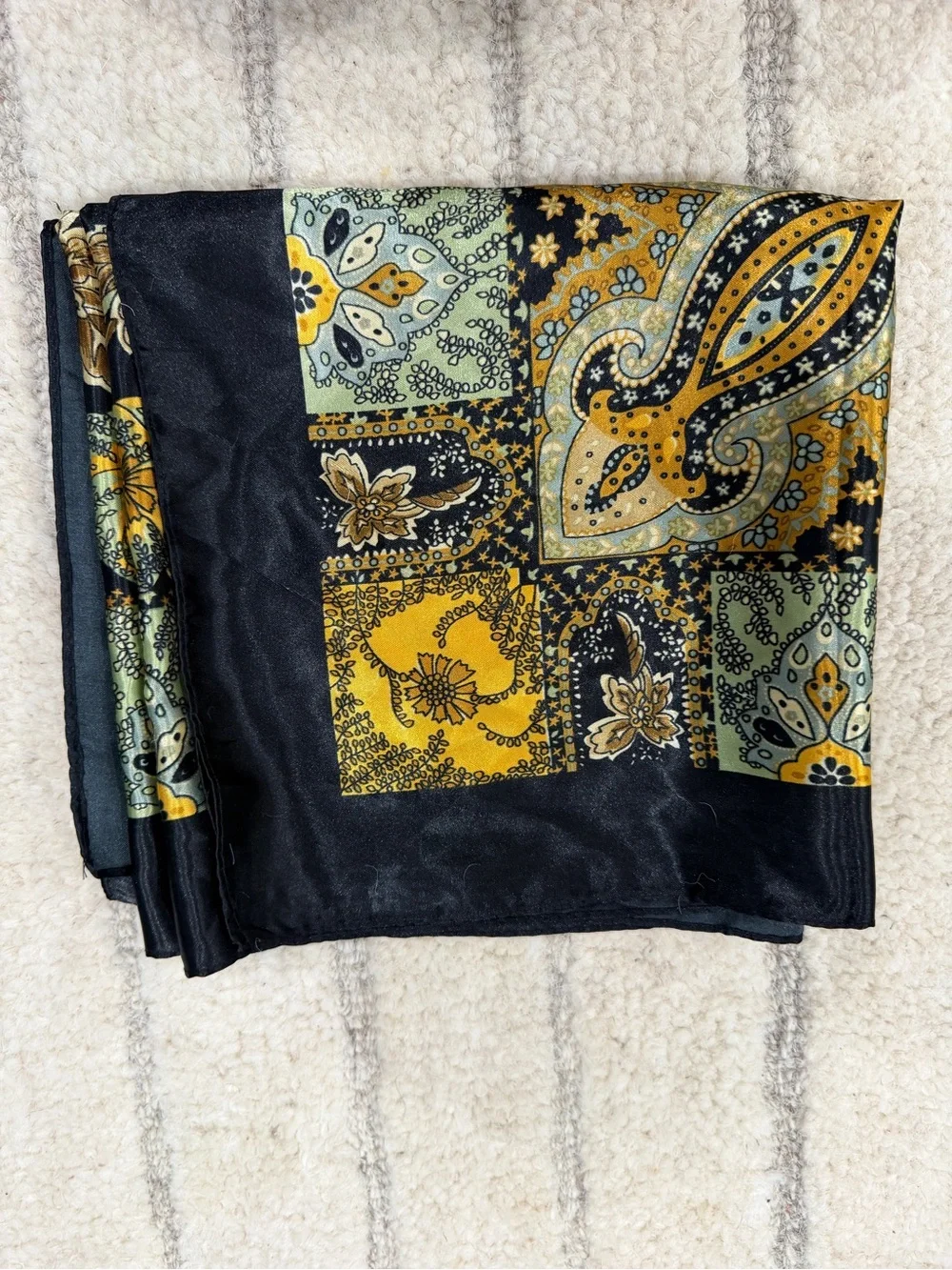 Silky Paisley Patchwork Scarf in Black and Mustard